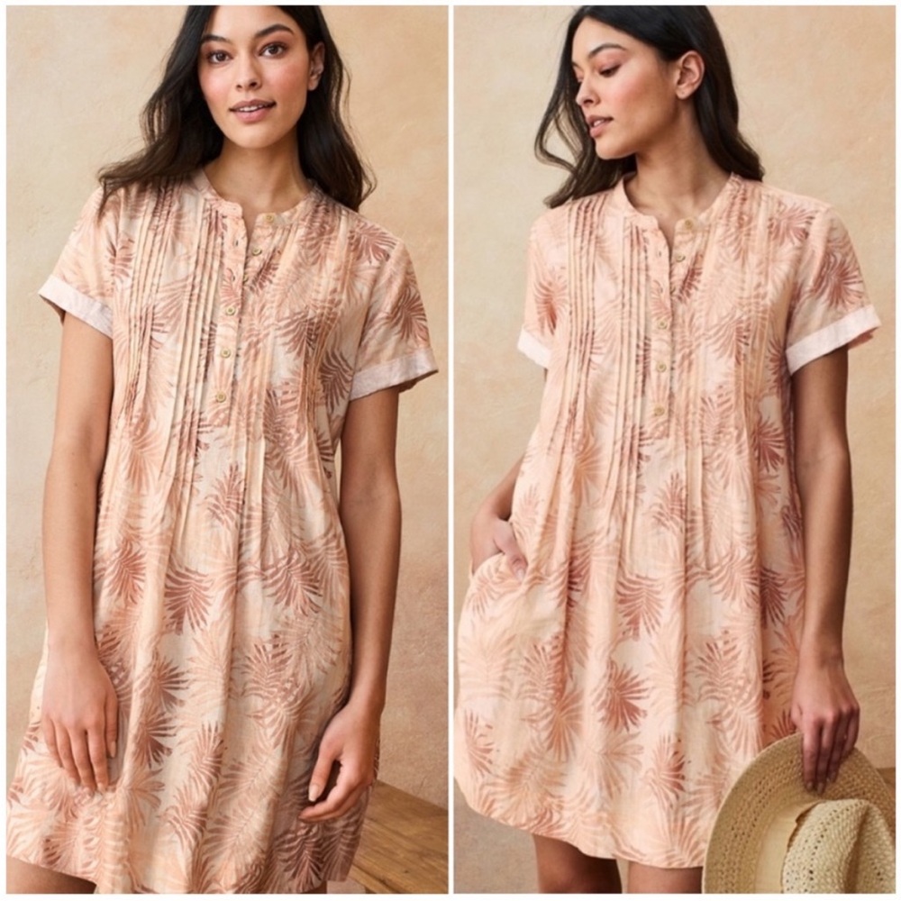 Faherty Peach Palm-Print Short-Sleeve Tunic Dress